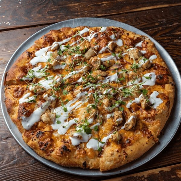 A buffalo chicken pizza from Press Box Sports Grill, topped with ranch, chicken, and microgreens.