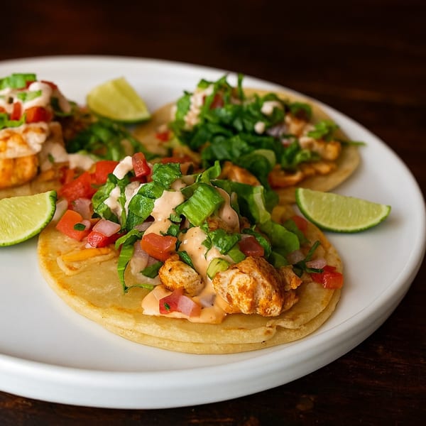 Three chicken tacos with lettuce, tomato, and sauce, garnished with lime wedges on a white plate.