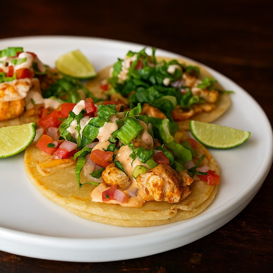 Three chicken tacos with lettuce, tomato, and sauce, garnished with lime wedges on a white plate.
