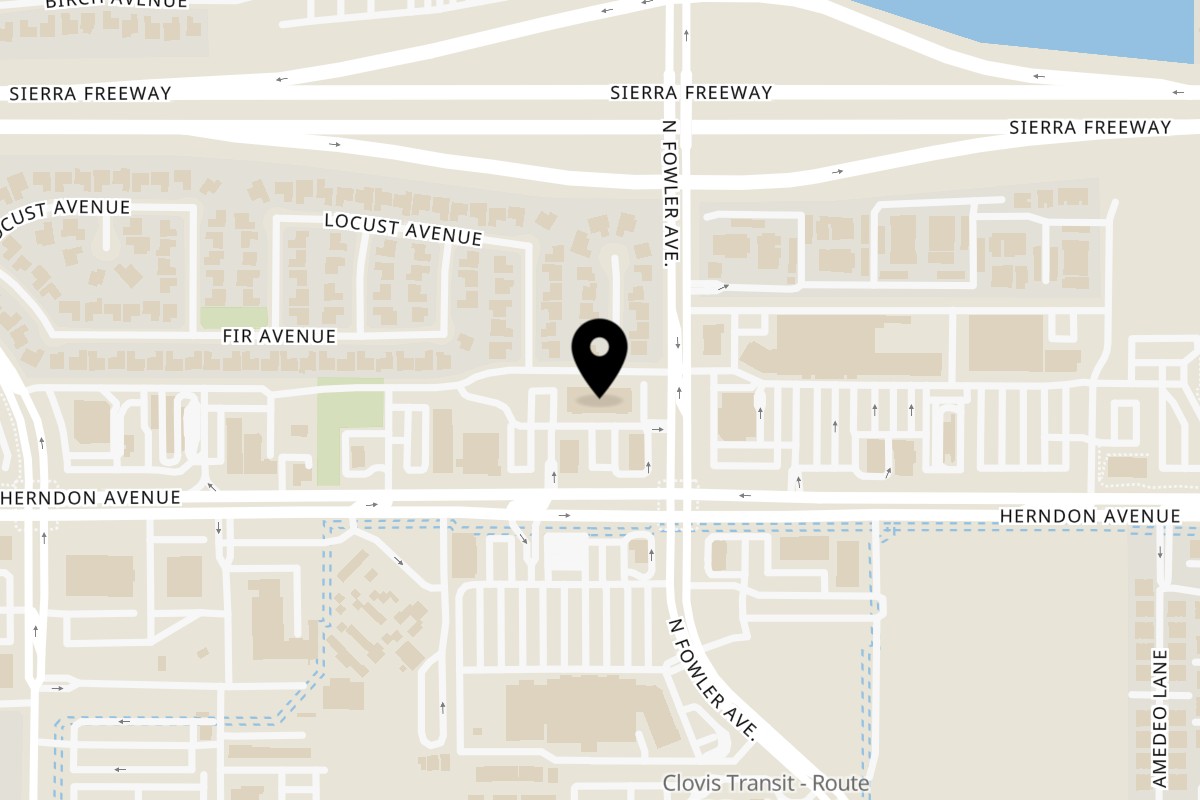 Map showing the location of Press Box Sports Grill Clovis on 1785 Herndon Ave in Clovis