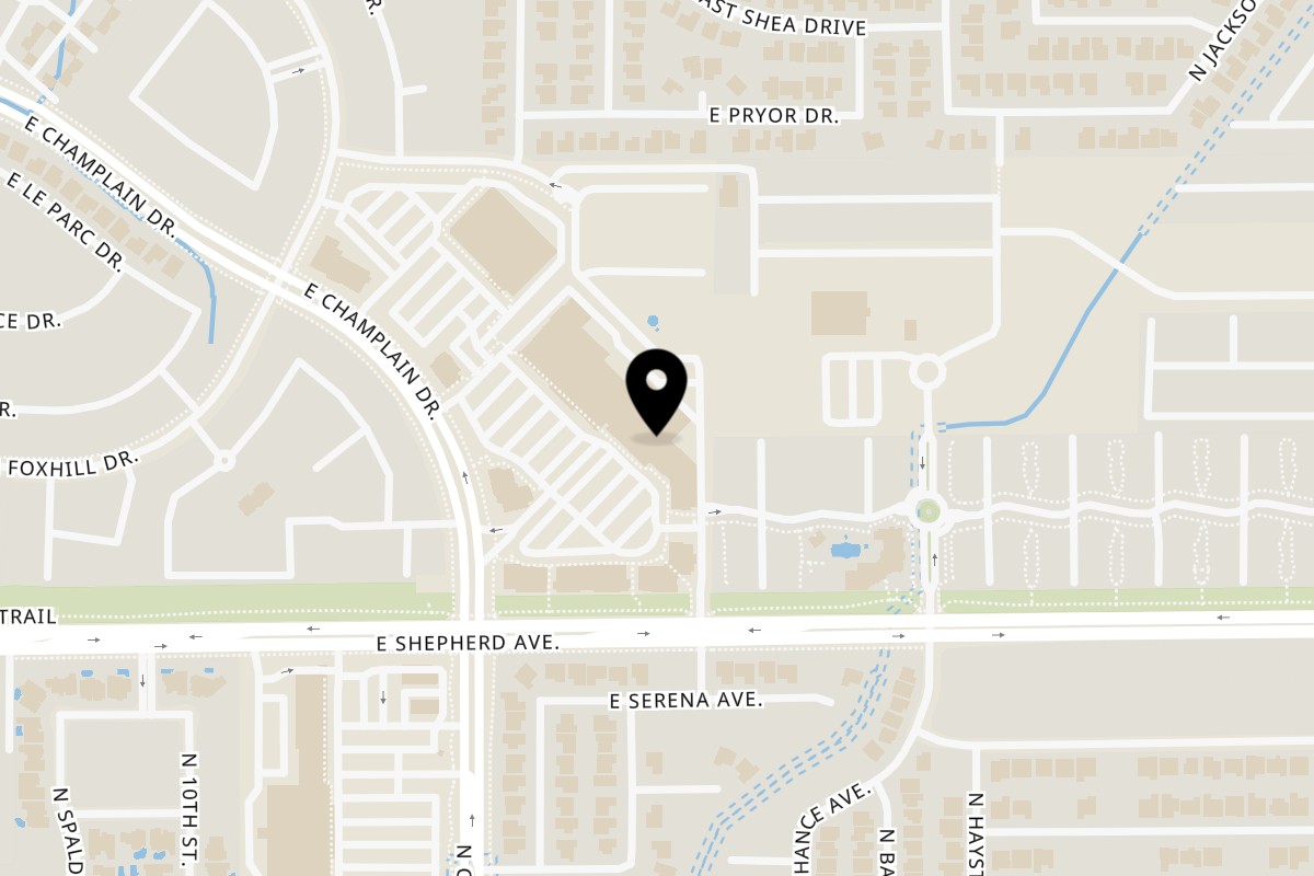Map showing the location of Press Box Sports Grill Northeast Fresno on 1552 E Champlain Dr in Fresno